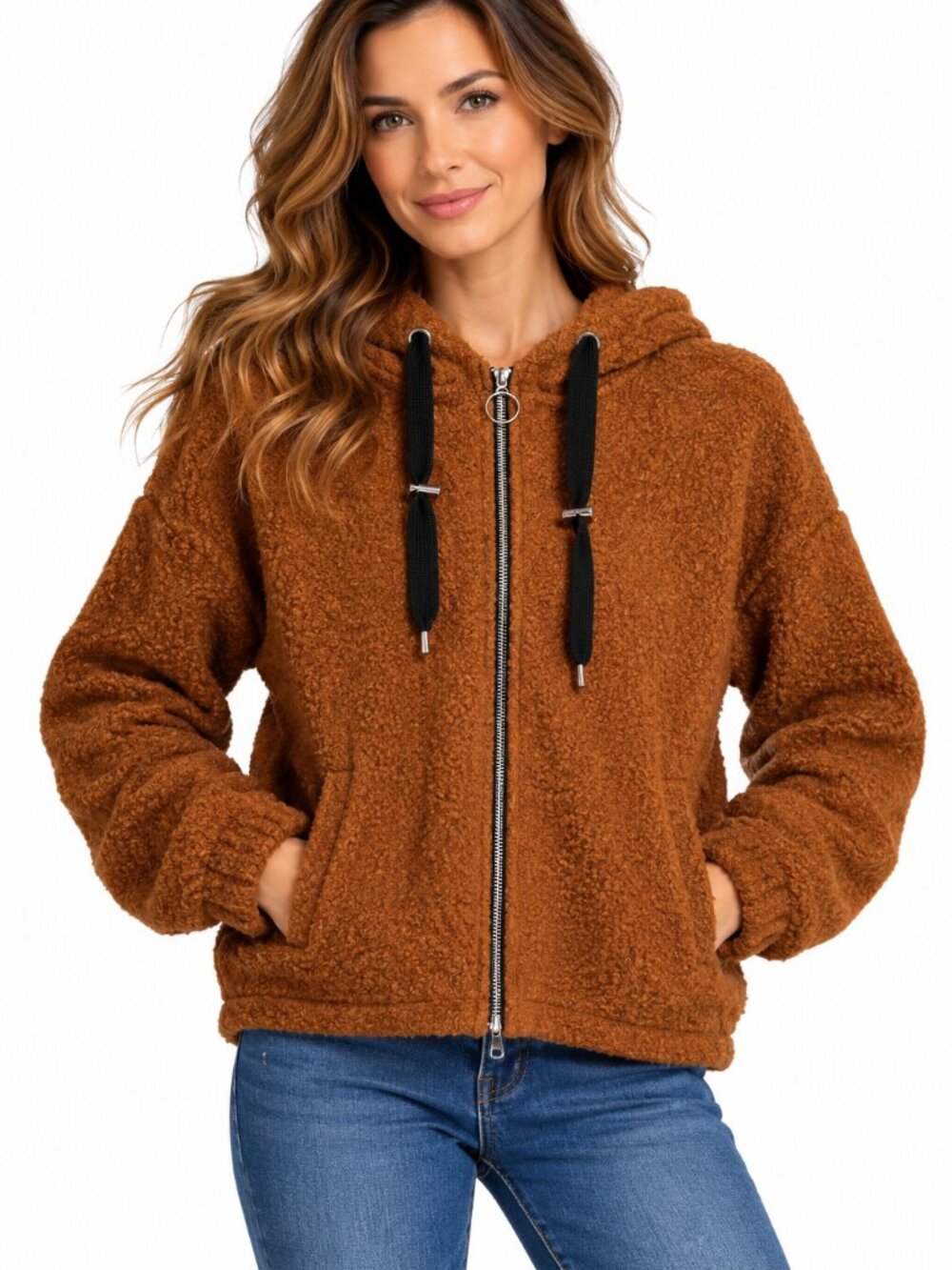 Forever 21 Brown Wool Blend Teddy Sherpa Hooded Zip Jacket M